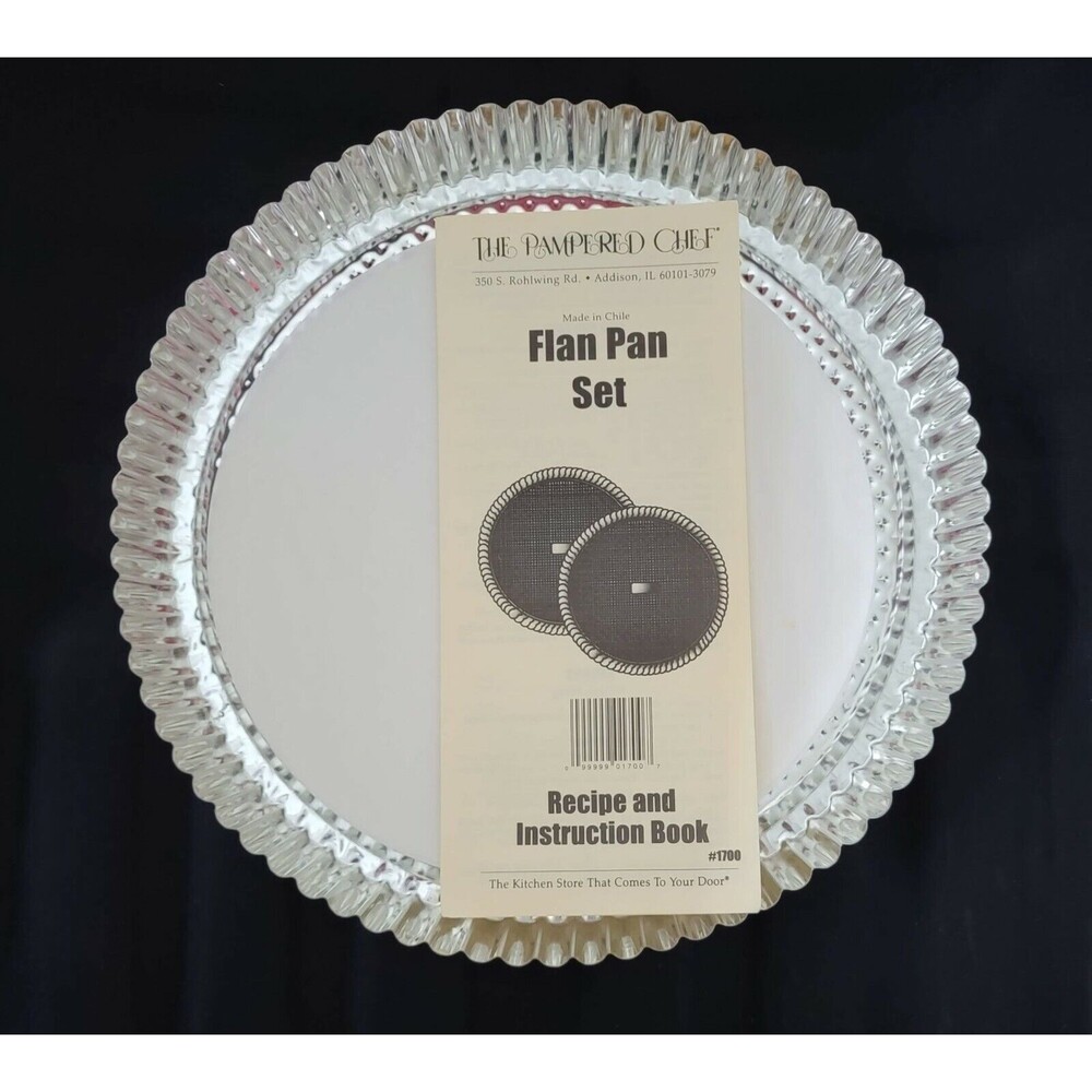 Pampered Chef Flan Pan Set of 2 Tin 10" Flan/Tart/Quiche with Recipe Book NEW